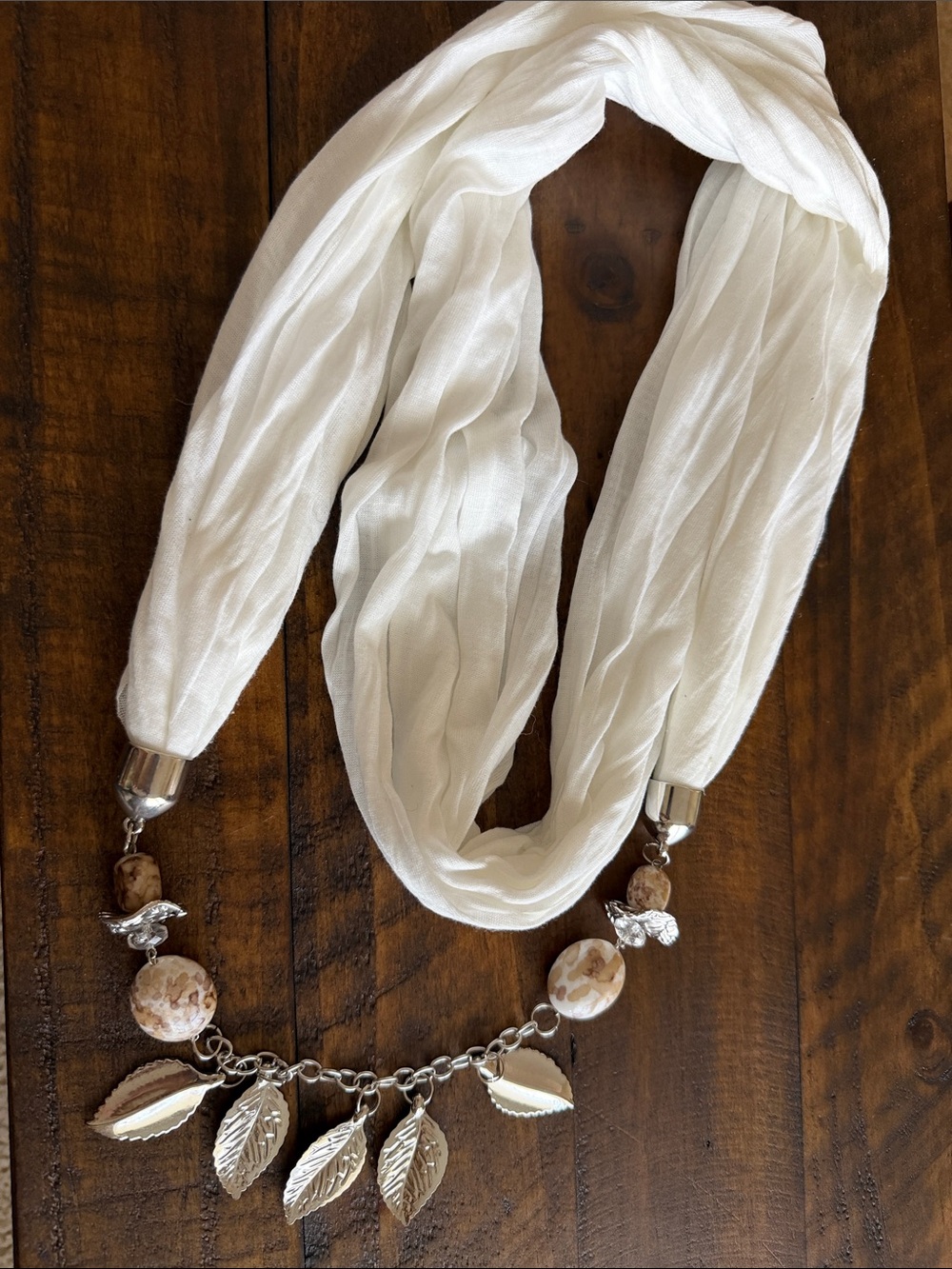 White Scarf Necklace with Leaf and Bead Charms